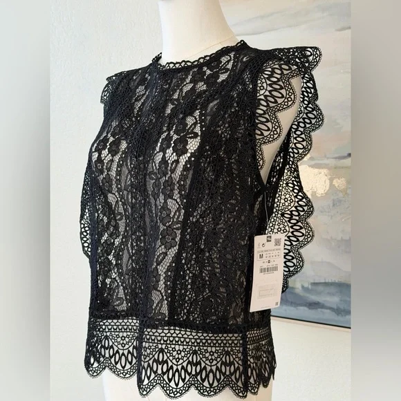 NWT Zara Black Lace Top - Picture 4 of 16